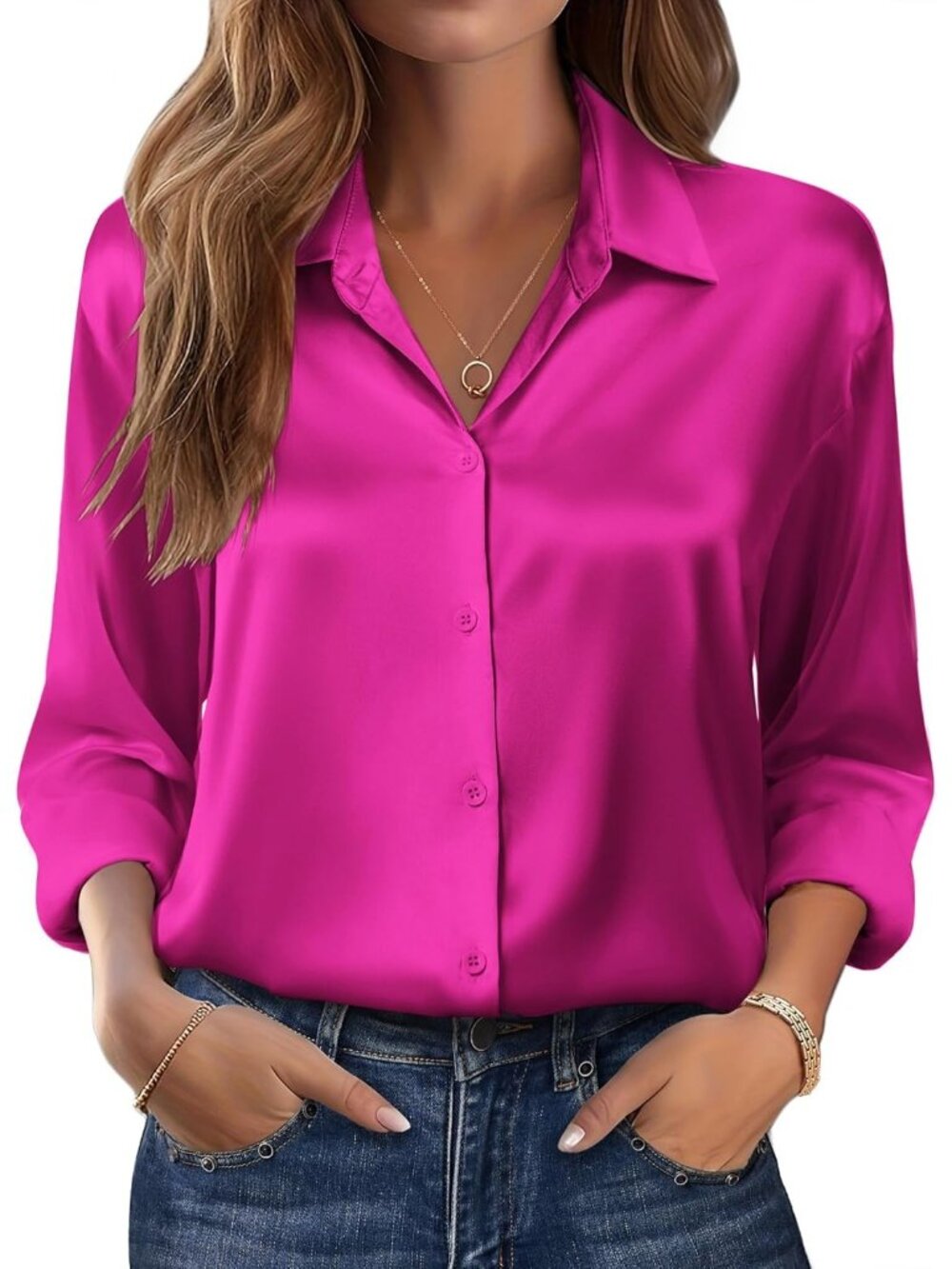 Women's Hot Pink Long Sleeve Satin Silk Button Down Casual Blouses Top T-Shirt